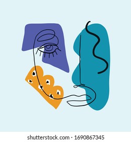 Trendy abstraktes menschliches Gesicht. Eine durchgehende Linienzeichnung. Ästhetisches, pastellfarbenes modernes Design für Poster, Karten, Druck, Wandkunst. Umfassende, handgezeichnete Vektorillustration-Illustration. Beauty Mode Vintage Konzert 