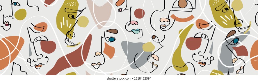 Trendy abstract human faces header, footer, banner. One line drawing. Aesthetic abstract faces modern design for poster, card, print, wall art. Contemporary hand drawn vector illustration. Beauty