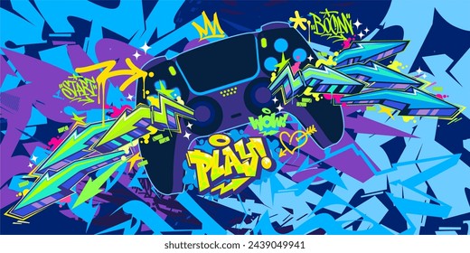 Trendy Abstract Joystick Or Gamepad Hip Hop Graffiti Street Art Urban Gaming Style Vector Banner