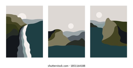 Trendy abstract landscape collage. Set of hand drawn contemporary artistic travel posters, nature wall art decor, mountain backgrounds scandinavian style. Vector illustrations