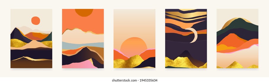 Trendy abstract landscape illustrations. Set of hand drawn contemporary artistic posters. 