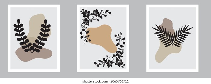 Trendy abstract leaf art templates with geometric elements. Suitable for social media posts, mobile apps, banners design and web internet ads. Vector fashion backgrounds.