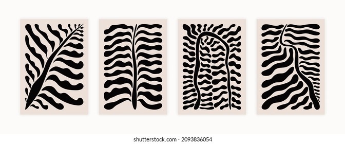 Trendy abstract leaf posters. Contemporary organic shapes, hand drawn leaves patterns for print, card template, modern design. Vector graphic illustration