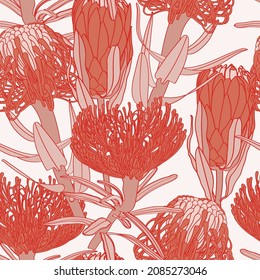Trendy abstract line orange Protea, Leucospermum flowers botanical garden seamless pattern, design for fashion, fabric, wallpaper and all prints.