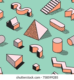 Trendy Abstract Memphis Seamless Pattern with 3d Geometric Shapes. Fashion Background for Textile, Print, Cover, Poster. Vector illustration