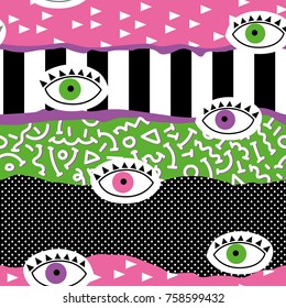 Trendy Abstract Memphis Seamless Pattern with Eyes. Hand Drawn Geometric Fashion Background for Textile, Print, Cover, Poster. Vector illustration