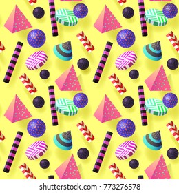 Trendy Abstract Memphis Seamless Pattern with Realistic 3d Elements. Geometric Shapes Hipster Background for Poster, Fabric, Covering. Vector illustration