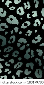 Trendy abstract midnight green leopard vertical background. Wild animal cheetah skin metallic texture on black background for fashion design, smartphone cover, wallpaper, social media, mobile app.