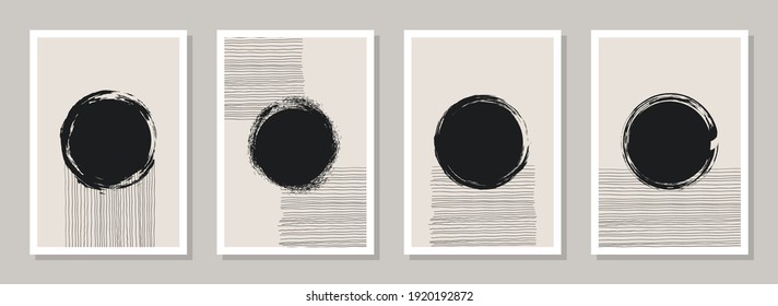 Trendy abstract minimalist art compositions A4 set. Mid-century minimalist artwork. Black and white hand painted watercolor shapes. Aesthetic backgrounds for web banners, social media posts. CMYK