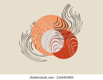Trendy abstract minimalist artistic colored circles and wavy lines as postcard. Decorative composition with overlapping circles and black lines for emblems, textiles, interior solutions, etc.