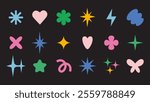 Trendy abstract minimalist figures, stars, flowers and hearts. Set of Y2K design elements, geometric shapes, modern symbols. Festive and party mood. Vector illustration, flat design