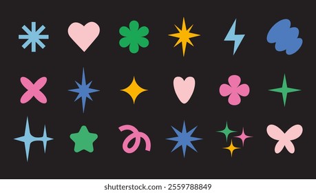 Trendy abstract minimalist figures, stars, flowers and hearts. Set of Y2K design elements, geometric shapes, modern symbols. Festive and party mood. Vector illustration, flat design