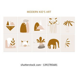 Trendy Abstract Modern Prints. Vector Illustrations in Burnt Orange. Terracotta  Botanical Wall Art. Neutral Beige and Brown.