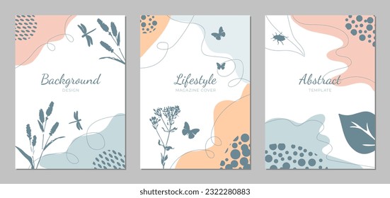 Trendy abstract nature templates with plants and insects. Universal cover Designs for  Brochures, Flyers, Presentations, Leaflet, Magazine, Stories. Minimal set of abstract creative universal artistic