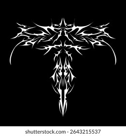 Trendy abstract neo-tribal in Y2K style, isolated on a black background. A collection of futuristic gothic-style tattoo graphic elements. Vector.