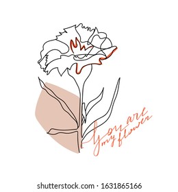 Trendy abstract one line flower with pastel shapes and lettering. Fashion typography slogan design "You are my flower" sign. Continuous line print for textile, poster, t-shirt etc. Vector.