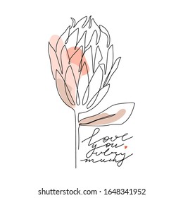 Trendy abstract one line protea flower with pastel shapes and lettering. Fashion typography slogan design "Love you very much" sign. Continuous line print for poster, card, t-shirt etc. Vector.