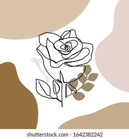 Trendy abstract one line rose flower with pastel shapes and lettering. Fashion typography slogan design "forever" sign. Continuous line print for textile, poster, card, t-shirt etc. Vector.