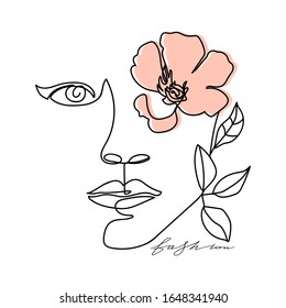 Una mujer de línea abstracta de moda, cara con hojas, flores y letras. Señal de diseño de eslogan tipográfico "moda". Impresión continua de línea para textil, póster, tarjeta, pantalones t, etc. Vector ilustración.