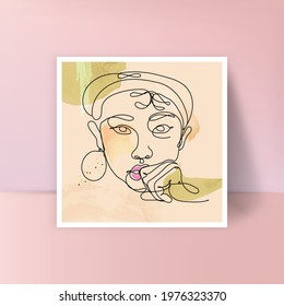 Trendy abstract one line woman face pose. Hand drawn abstract feminine print. Use it for social networking stories, beauty logos, poster illustrations, cards, t-shirt prints, postcards 