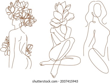 Trendy abstract one line woman body with flowers and leaves. Girl covering her nude breast. Naked woman standing back one line drawing on white isolated background. Vector illustration