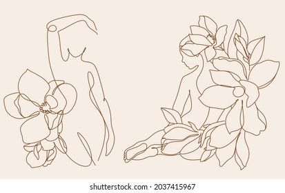 Trendy Abstract One Line Woman Body With Flowers And Leaves. Girl Covering Her Nude Breast. Naked Woman Standing Back One Line Drawing On White Isolated Background. Vector Illustration