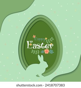 Trendy abstract paper cut illustration of green color paper art easter rabbit, flowers and egg shape.