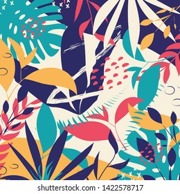 Trendy abstract pattern with colorful tropical leaves and flowers on a pastel background. Vector design. Jung print. Floral background. Printing and textiles.