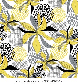 trendy abstract pattern, floral seamless , yellow and gray