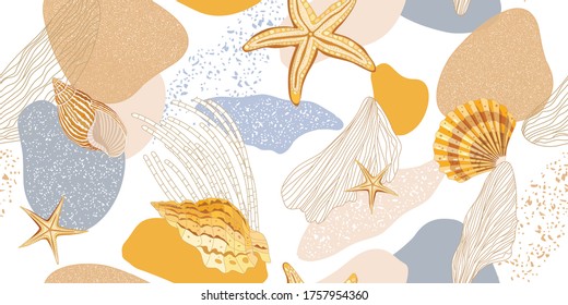 Trendy abstract pattern with golden shells and seaweed. Marine ornament. Vector illustration. Can be used for fabric, textile, manufacturing, wallpapers.