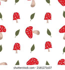 Trendy abstract pattern with mushrooms on white background. Summer background. Vintage background. 