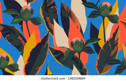 Trendy abstract pattern with peonies. Creative collage contemporary seamless pattern. Fashionable template for design.