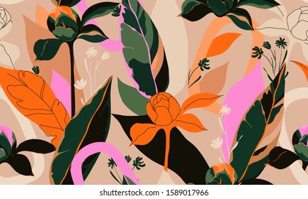 Trendy abstract pattern with peonies. Creative collage contemporary seamless pattern. Fashionable template for design.