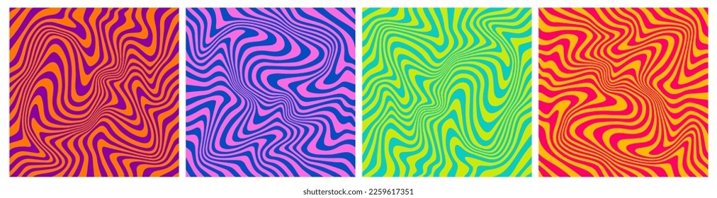 Trendy Abstract Patterns with Waves. Set of Wavy Seamless Trippy Patterns in Psychedelic Colors. Abstract Vector Swirl Backgrounds. 1970 Aesthetic Textures with Flowing Waves