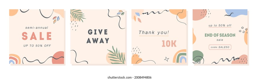 Trendy abstract post templates for social media. End of Summer sale square banners. Set of vector minimal cards with geometric shapes and plants in pastel colors. Vector illustration in flat style.