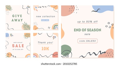 Trendy abstract post templates for social media. Modern square banners with copy space for text. Set of vector minimal cards with geometric shapes and plants in pastel colors. Vector illustration.