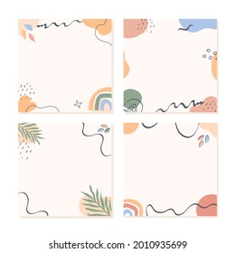 Plantillas abstractas de post de moda para medios sociales. Banners cuadrados modernos con espacio para copiar texto. Conjunto de tarjetas vectoriales mínimas con formas geométricas y plantas en colores pastel. Ilustración vectorial.