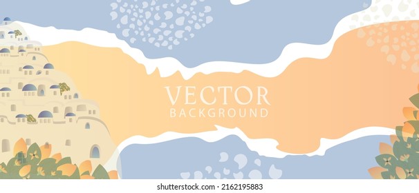 Trendy abstract poster or banner  template with views of Santorini, tourism theme , space for text. Vector background for design 