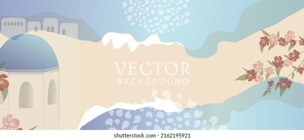 Trendy abstract poster or banner  template with views of Santorini, tourism theme , space for text. Vector background for design 