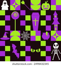 Trendy abstract poster. Geometric mosaic with Halloween elements. Vector illustration.