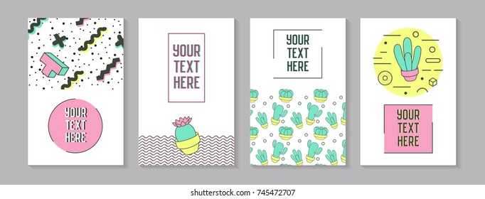 Trendy Abstract Posters in Memphis Style with Geometric Shapes and Cactus. Minimalistic Elements Patterns, Banners, Invitations. Vector illustration