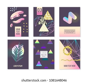 Trendy Abstract Posters Set with Place for your Text and Golden Elements. Hipster Geometric Banners, Placards, Backgrounds 80-90 Vintage Style. Vector illustration