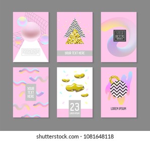Trendy Abstract Posters Set with Place for your Text and Golden Fluid Elements. Hipster Geometric Banners, Placards, Backgrounds 80-90 Vintage Style. Vector illustration