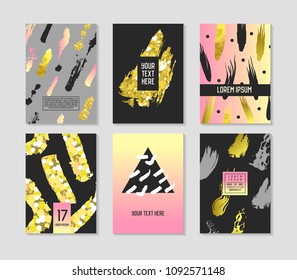 Trendy Abstract Posters Set with Place for your Text and Golden Brushes. Hipster Geometric Banners, Placards, Backgrounds 80-90 Vintage Style. Vector illustration