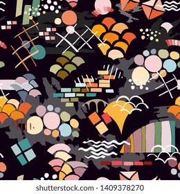 Trendy abstract print. Seamless pattern with different colorful shapes and textures on black background.