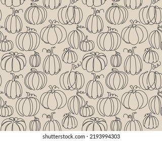 Trendy abstract pumpkin seamless pattern. Trendy fall background with pumpkin icon for Thanksgiving, Halloween, textile. Modern autumn continuous line vector illustration. One line art fall concept