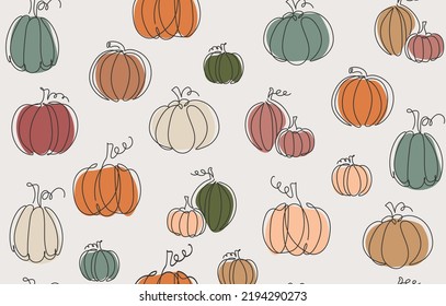 Trendy abstract pumpkin seamless pattern. Trendy fall background with pumpkin icon for Thanksgiving, Halloween, textile. Rustic autumn continuous line vector illustration. One line art fall concept