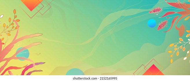 Trendy abstract rectangular, horizontal frame with leaves in a minimalist style. On an isolated bright gradient background. Vivid green and red abstraction colors and geometric shapes. Vector