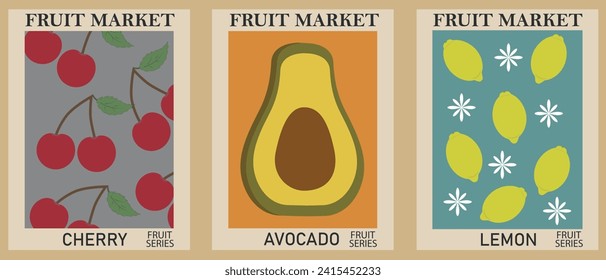 Trendy abstract retro fruit market posters. Modern wall art with avacado, cherry and lemon. Modern retro interior with fruits, paintings, wall art in the kitchen. Vector illustration.