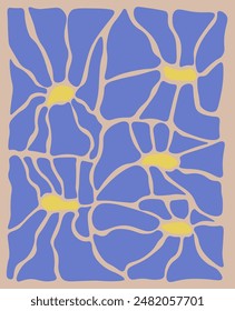 Trendy Abstract Retro Funky Five Flowers Wallpaper Poster Natural Blue Peachy Vector Design